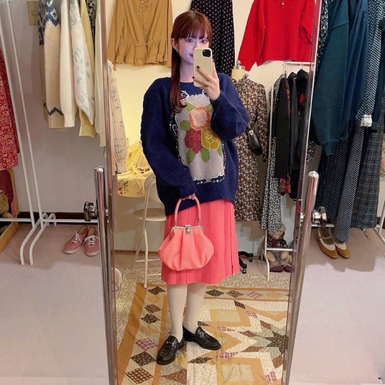 vivid pink white stitch tuck skirt