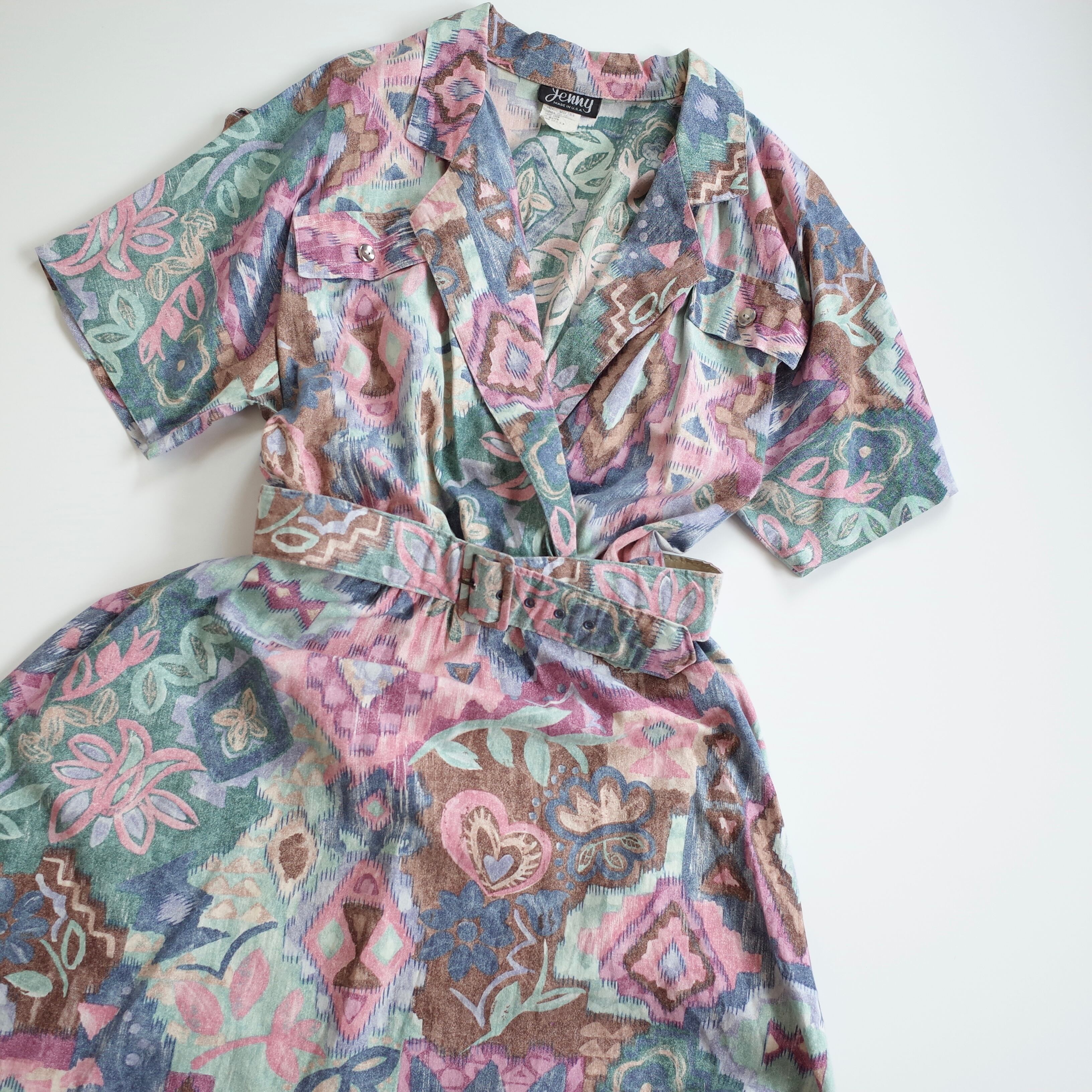 80s USA belted print dress