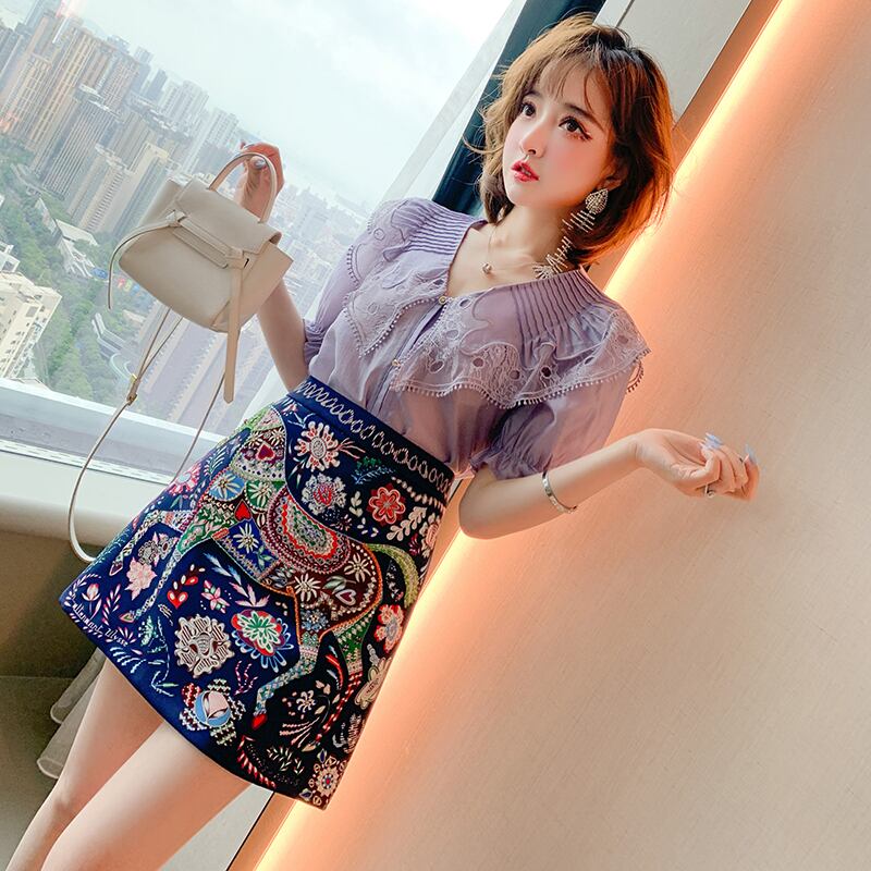 レーストップス ジャカードスカート セット オータム レッド 刺繍 秋物 MIUCO78663960003