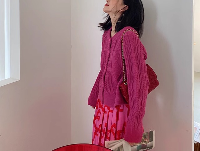 pink color knit cardigan【2024012501】