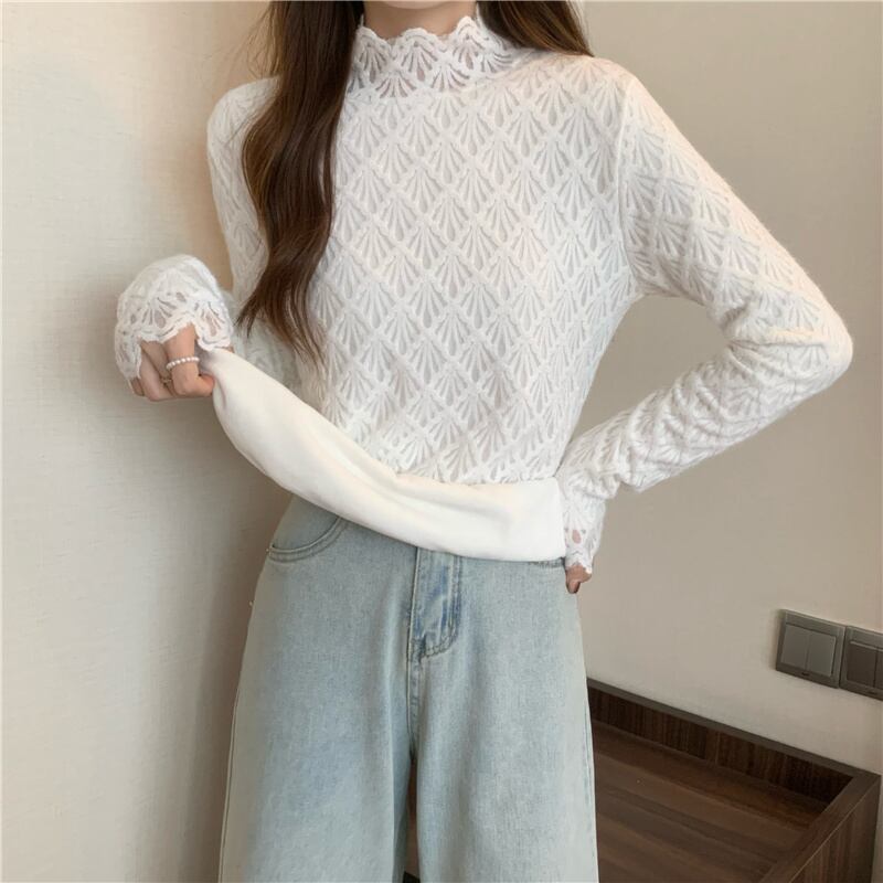 レースシャツ オータムウィンタースタイルホワイトベルベットトップス 秋物 冬物 1号婦人82118080950