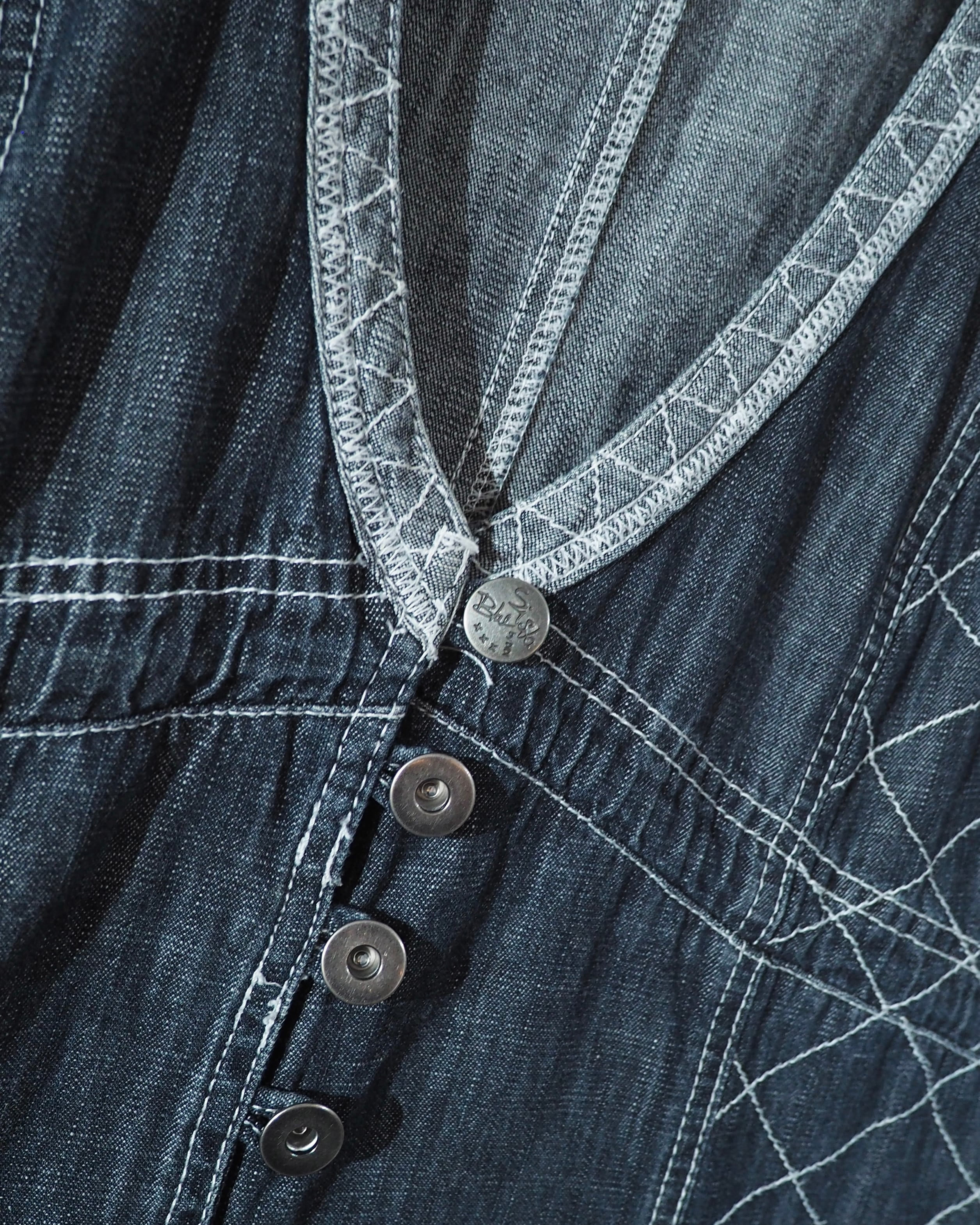 Random Patchwork × White stitch Embroidery vintage Indigo Denim Onepiece