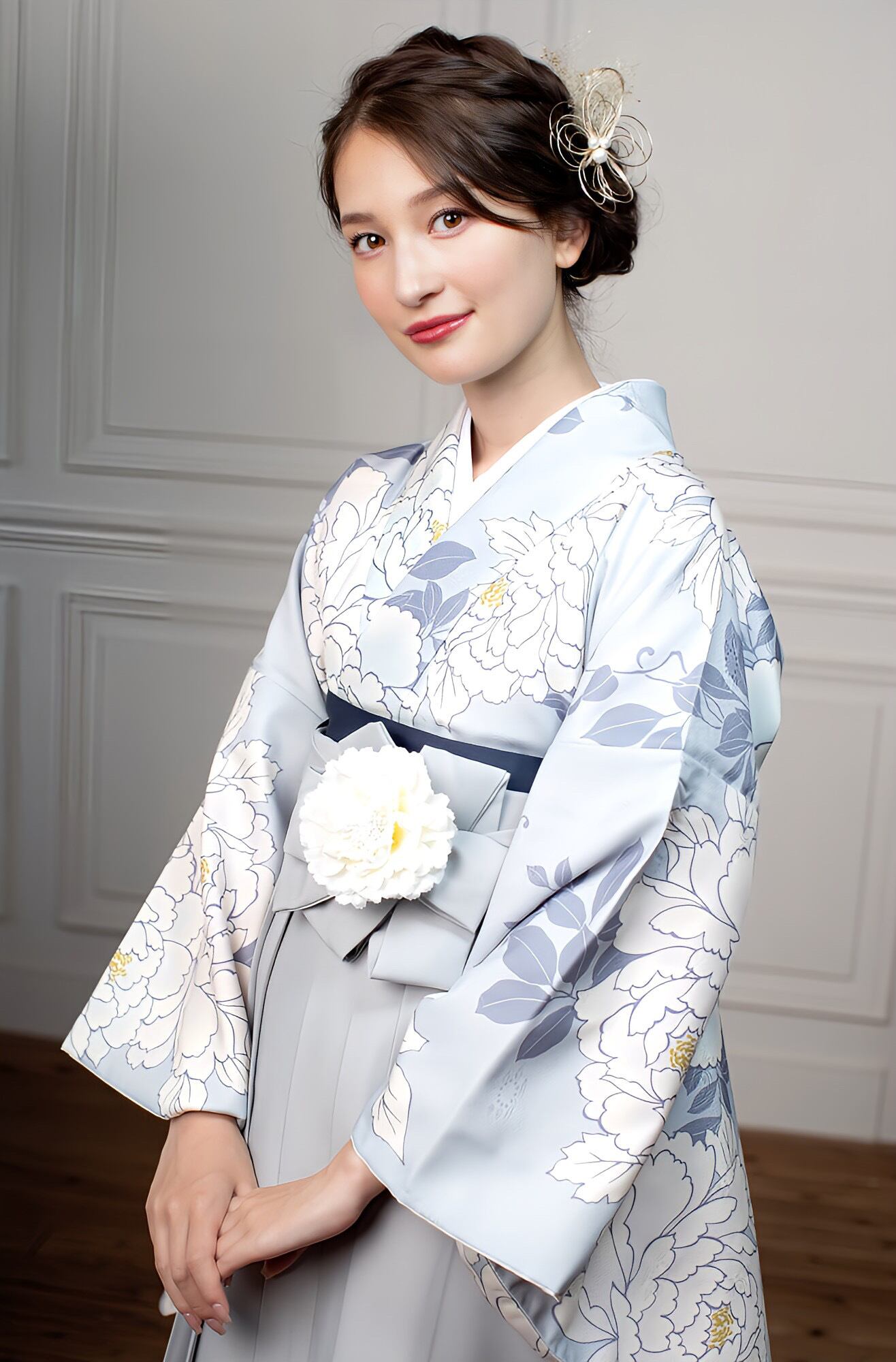 Kimono Sienne 卒業式袴3点セット 牡丹 グレー 袴 二尺袖着物 袴 卒業式
