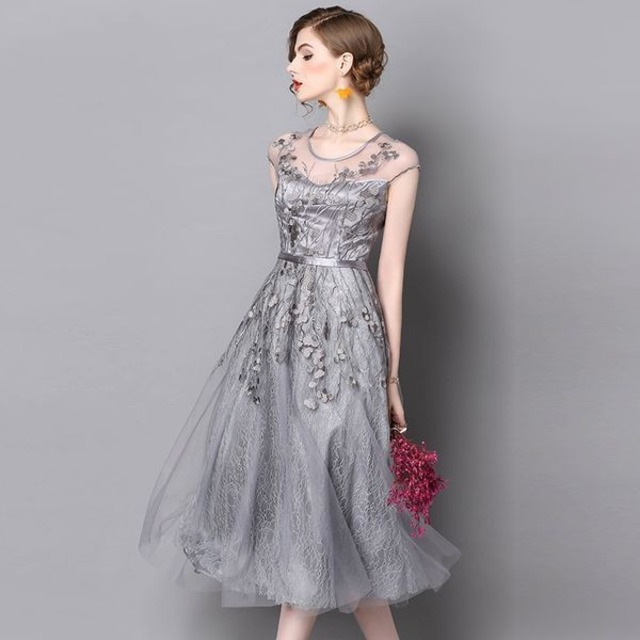 花刺繍 シースルー ノースリーブ フレア ひざ丈 ドレス ワンピース 上品 可愛い きれいめ 結婚式 お呼ばれ 大きいサイズ