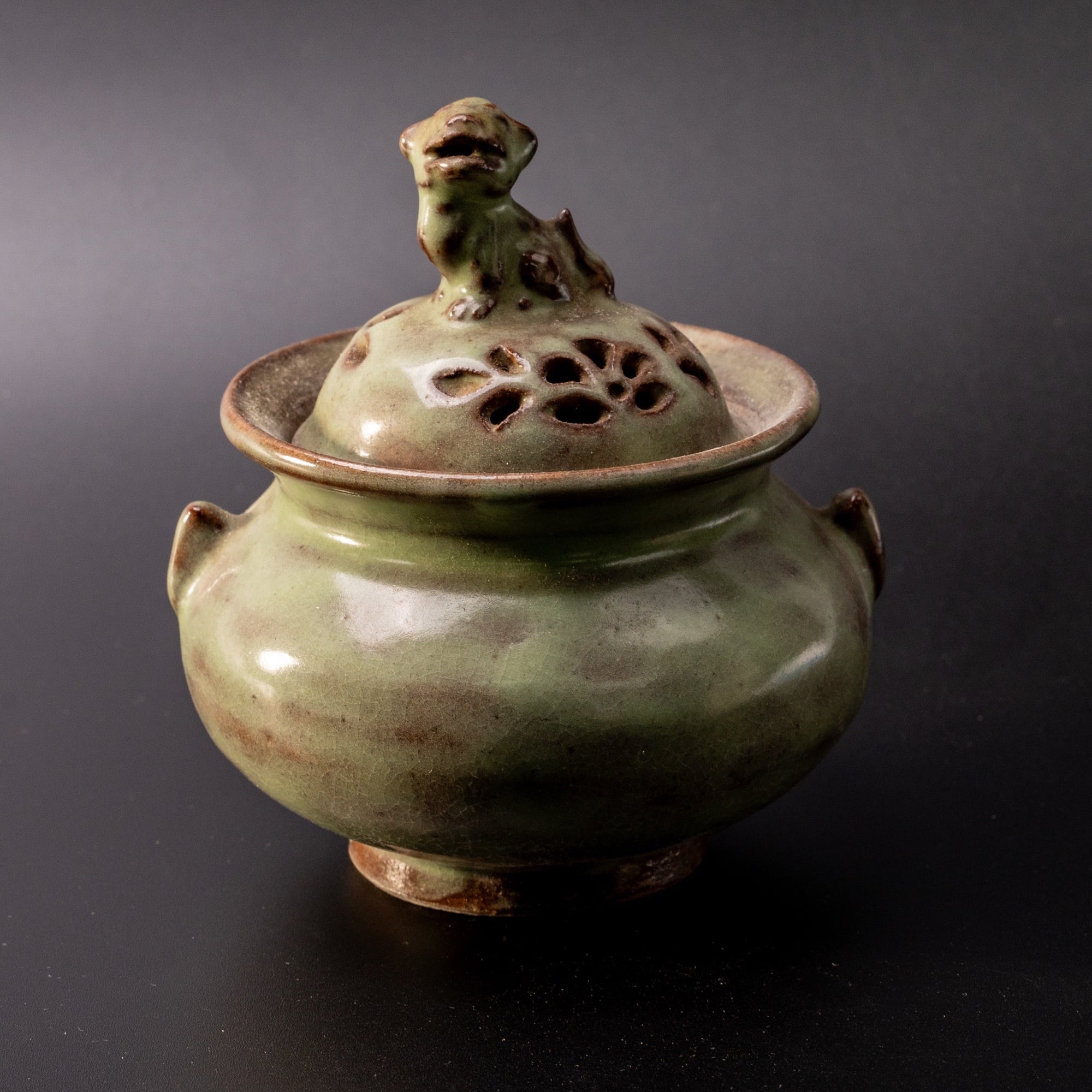 蓮華獅子香炉 茶道具 香道具 工芸品 美術品 置物 緑釉 獅子蓋 香炉 獅子香炉 焼き物 工芸品 香道具 茶道具 古美術