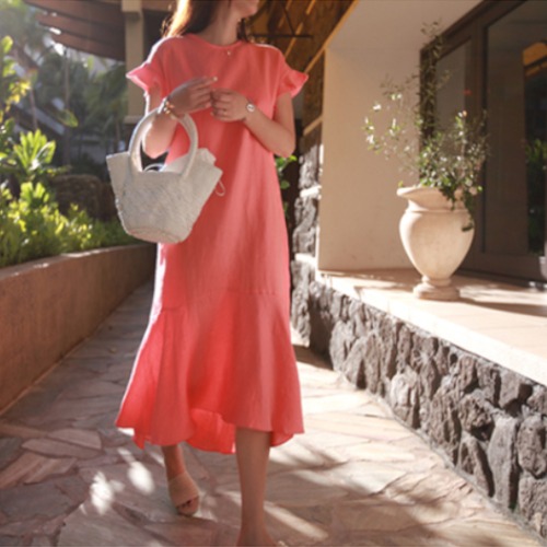 ワンピース レディース 大きいサイズ 無地 リネン ロング丈 ロングワンピース オレンジ ワインレッド オフホワイト フィッシュテール ルーズウエスト 10代 20代 大人可愛い デート 女子会