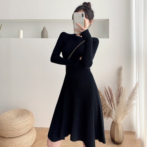 ワンピース レディース カラバリ2色 アプリコット ブラック リブ柄 長袖 フレアスカート 春 秋冬 新作 カジュアルスタイル サイズ4展開 S M L XL ラウンドネック Aラインスカート