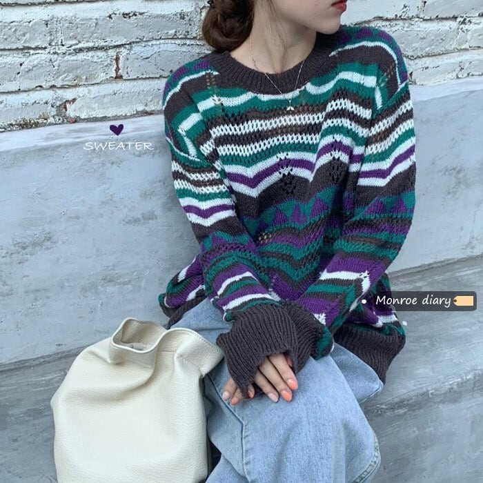 ルーズストライプカラースタイルセーター レディーススプリングプルオーバー ロング 春物 モンロー65403876031