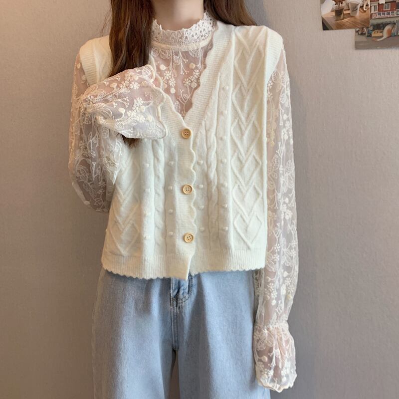 Vネックニットカーディガンセーター スプリングオータムショートジャケット 春物 秋物 萌量不足71066319977