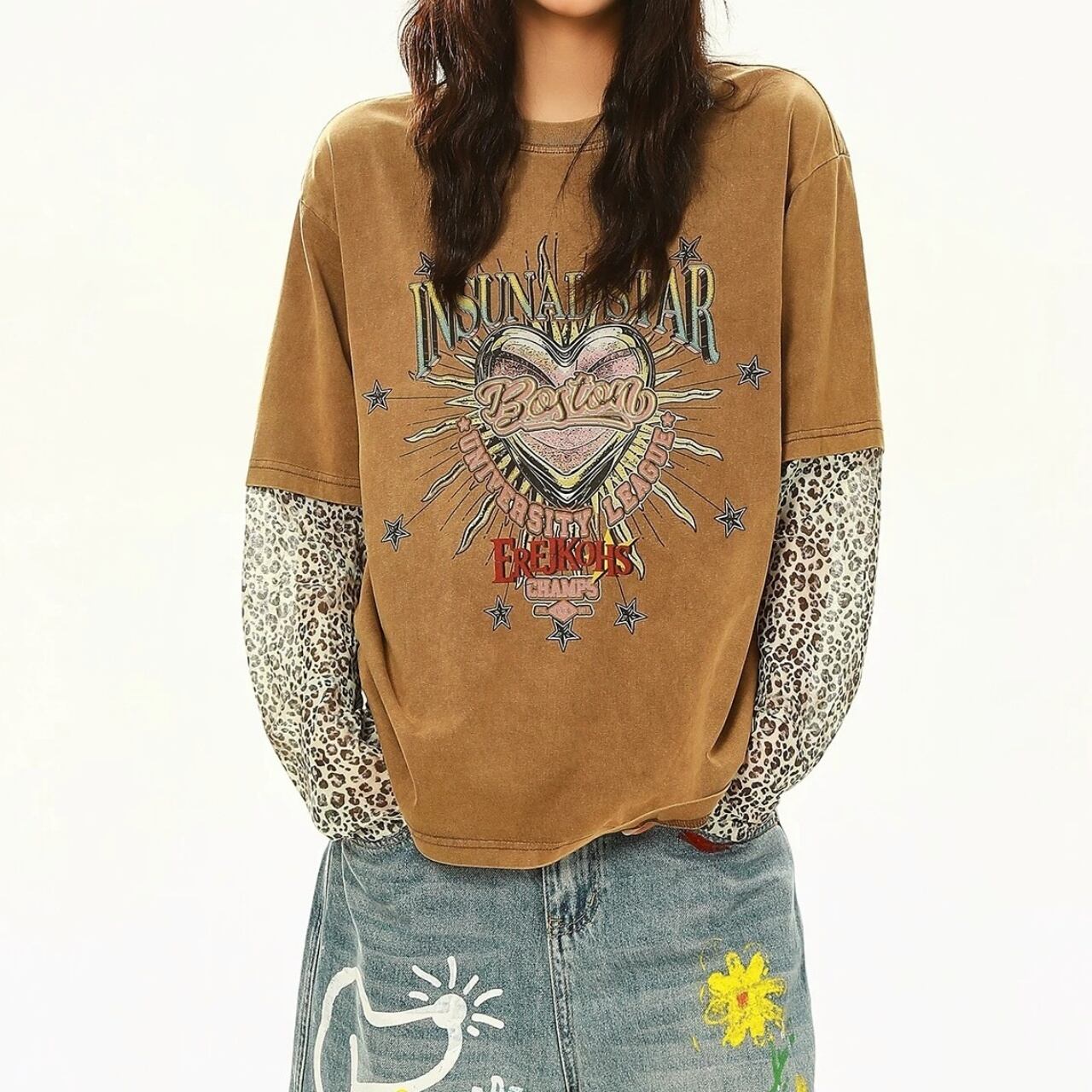 ハートモチーフレオパードレイヤードライクTシャツ 2col R02583