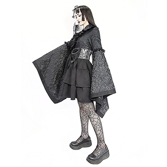 ゴスロリ系 ゴシック 着物風 振袖 ドレス オールインワン ダークドラゴン柄 長袖 ハイウエスト おおきめリボン 病みかわいい オルチャン 原宿系 10代 代 モード系ファッション専門店 With U