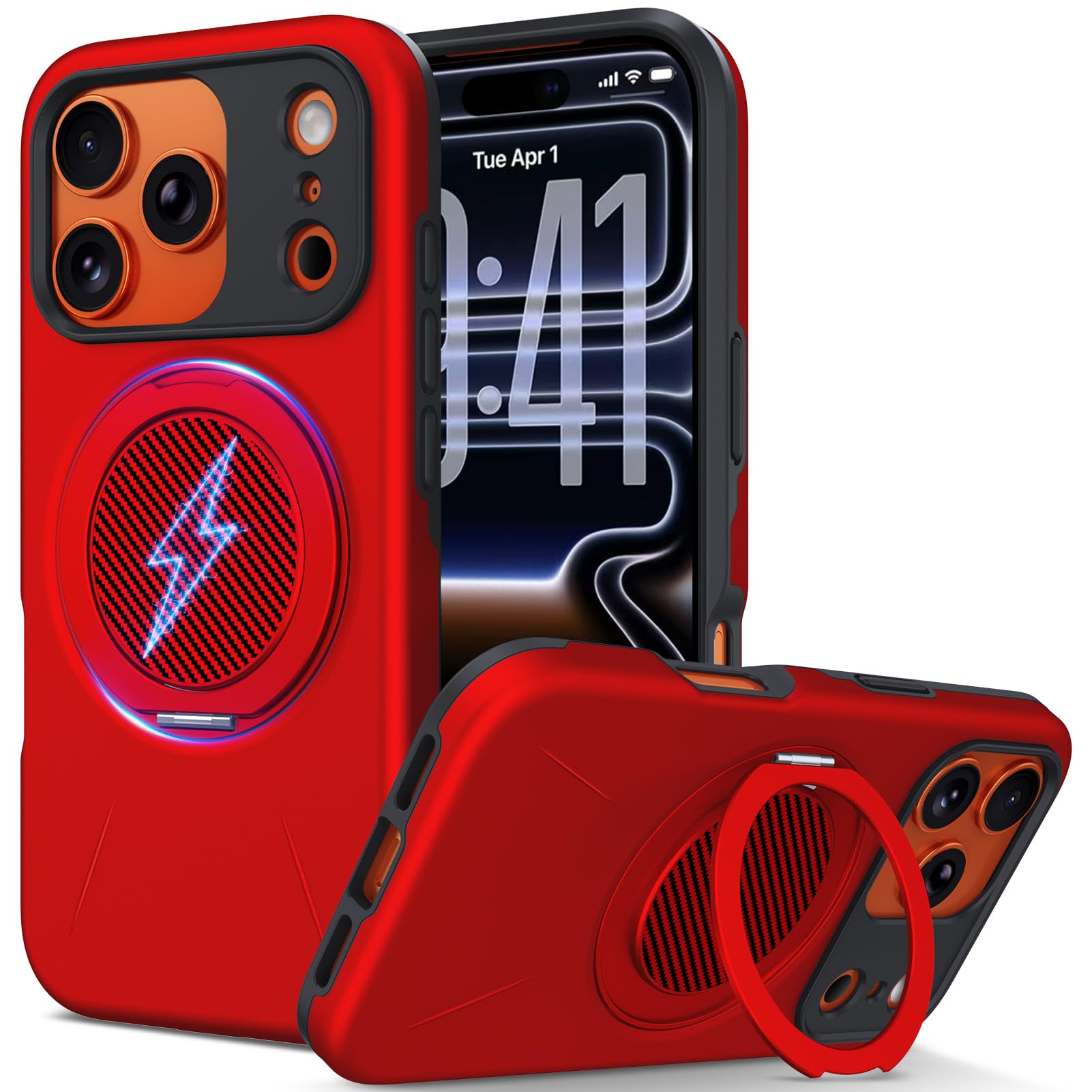 TLOMPLO 対応 iPhone 18 Pro/17 Pro ケース magsafe対応 360°回転スタンド 耐衝撃 米軍MIL規格 強磁力 赤