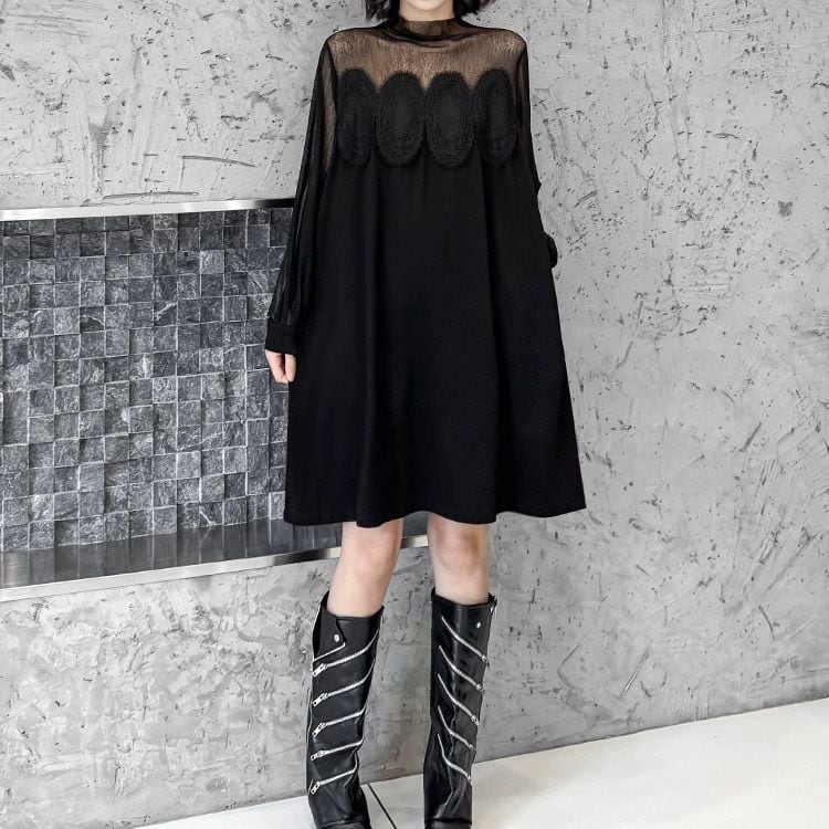 BLACK BOTTLE NECK A-LINE MINI DESIGN DRESS 1color M-11755