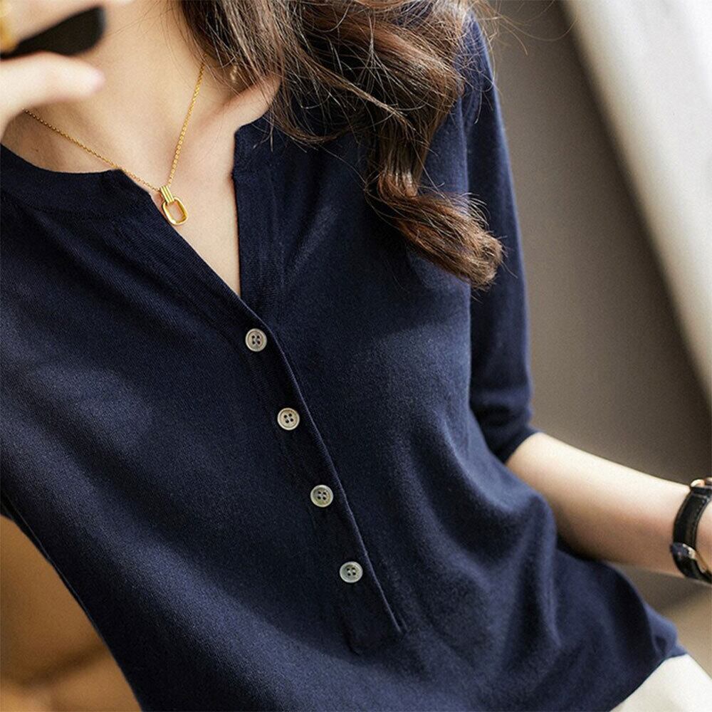 サマーニット レディース 五分袖 韓国 トップス 春夏秋 きれいめ おしゃれ 大人 かわいい ニット Vネック ハーフボタン ニットソー カジュアル シンプル 大人可愛い 大人女子