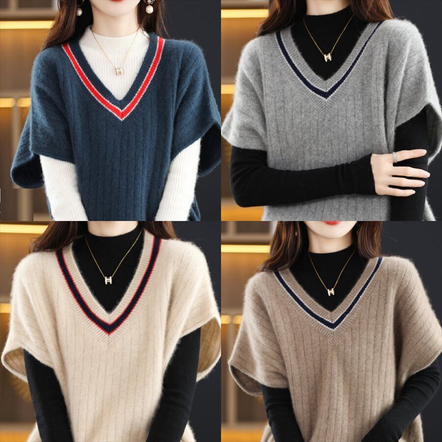 送料無料】 トップス 4色 ベスト 袖あり 半袖 Vネック プルオーバー