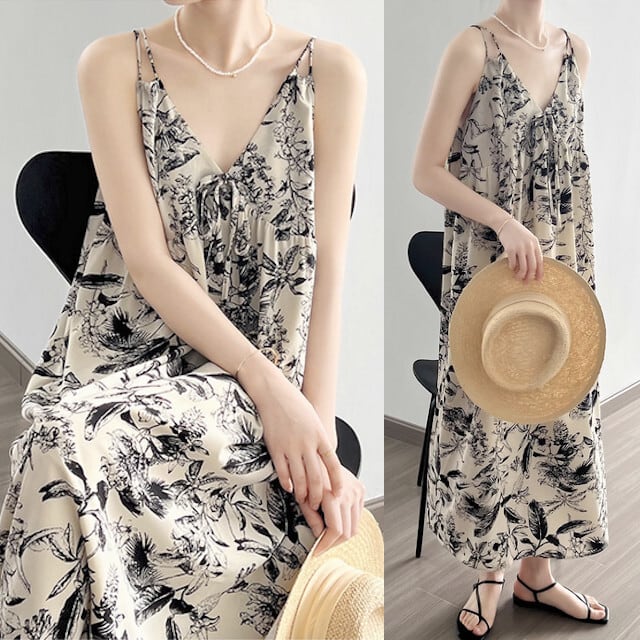 ワンピース レディース ロングワンピ ロング丈 キャミワンピ 花柄 フラワープリント ブラック おしゃれ ニュアンス モード モノトーン リボン 春夏 旅行 リゾート おしゃれ 大人可愛い S/M