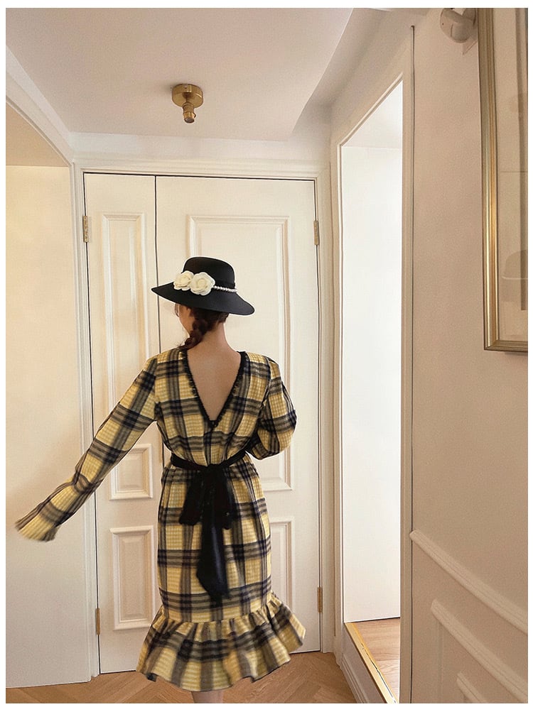 黄色 チェック ワンピース ゆったり ガーリー ツイード 黄色 黒 リボン