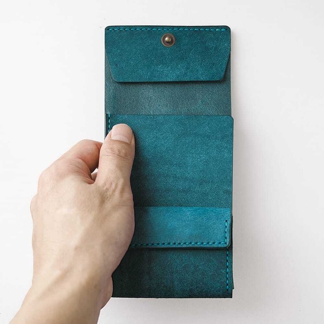 使いやすい 三つ折り財布 【 ターコイズ 】 レディース メンズ ブランド 鍵 小さい レザー 革 ハンドメイド 手縫い
