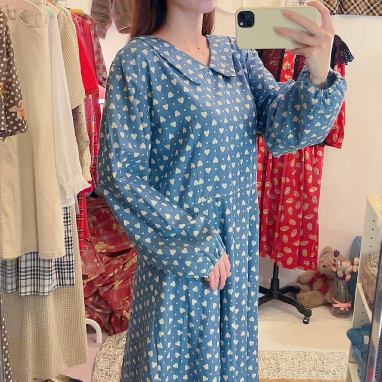 heart dot denim flare one-piece