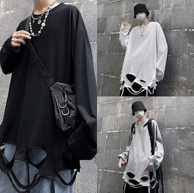 予約販売】ロンT 長袖 メンズ ダメージ加工 袖 スリット ホワイト