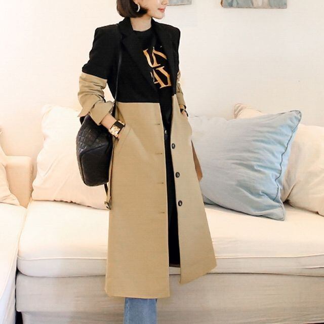 【予約販売】ロング トレンチコート アウター ジャケット バイカラー ベルト ハイウエスト トレンド シック きれいめ クラシカル 通勤 通学 デイリー お出かけ