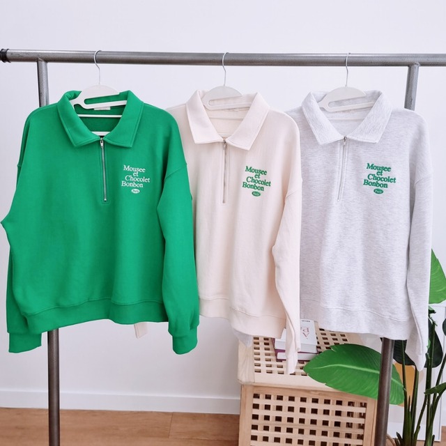 レタリング刺繍ハーフジップ長袖シャツ