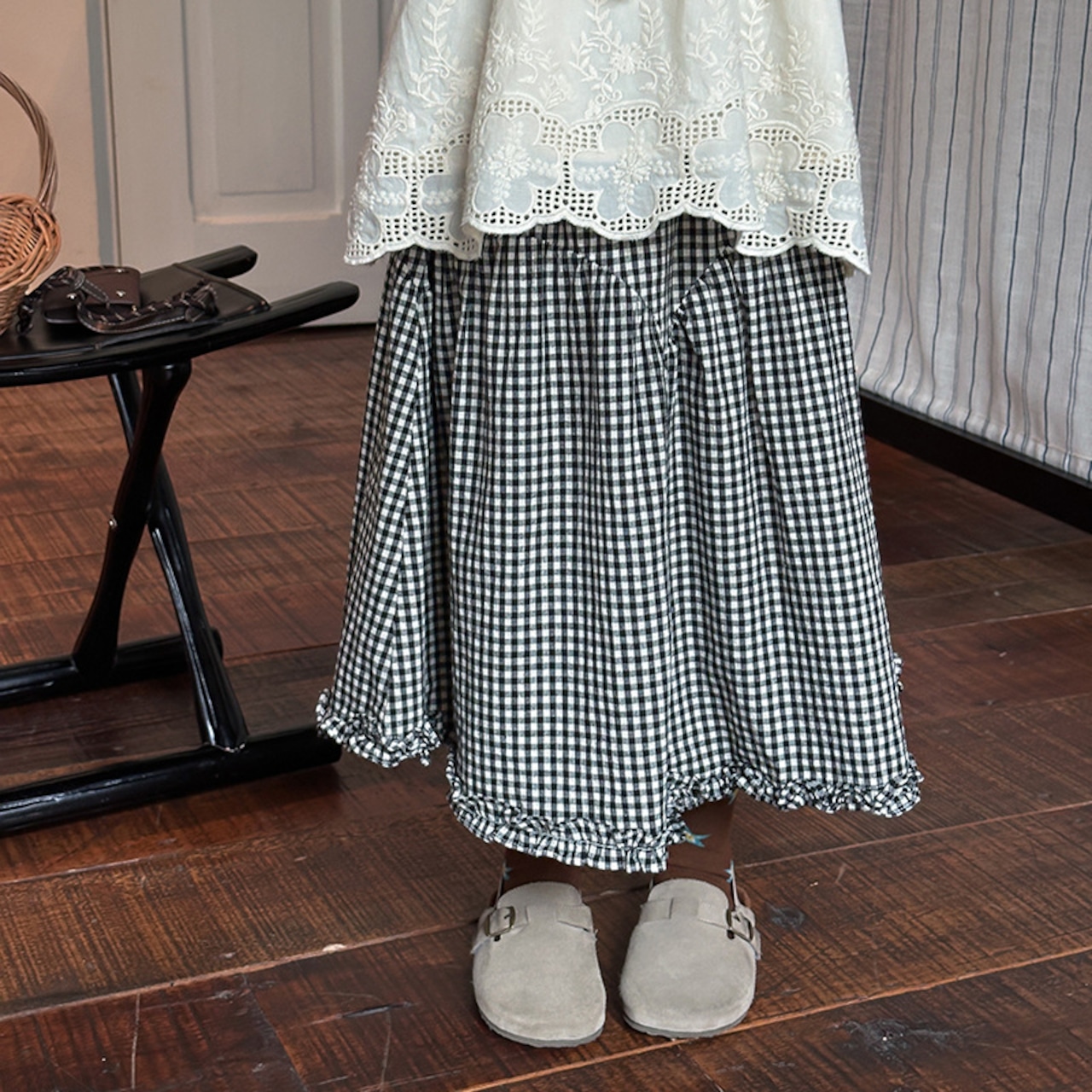 春チェック柄フリルスカート