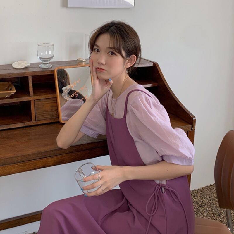 2020年夏の新しいライトマチュアウィンドエイジリダクションスーツパープルボトミングパフスリーブシャツ+アウターストラップドレス 1号婦人48656701151