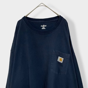 【Carhartt】長袖Tシャツ ロンT ロングスリーブ long sleeveワンポイントロゴ ポケットTシャツ ポケt 2XL ビッグシルエット ゆるだぼ ネイビー US古着