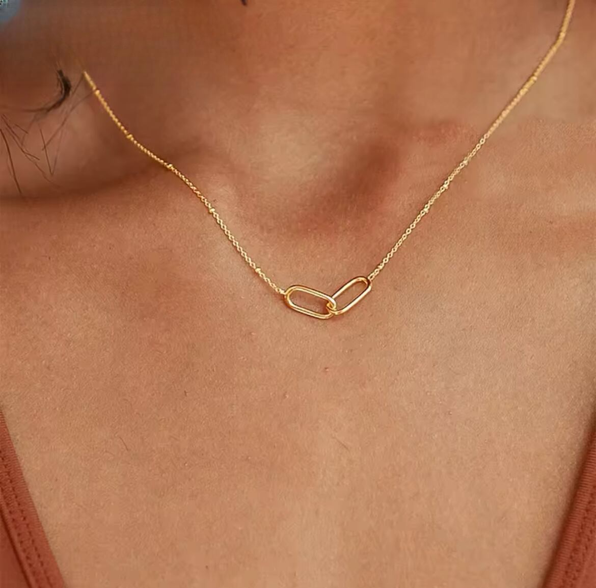 金アレ対応 幾何学的なダブルエリップスチェーンネックレス(0659)