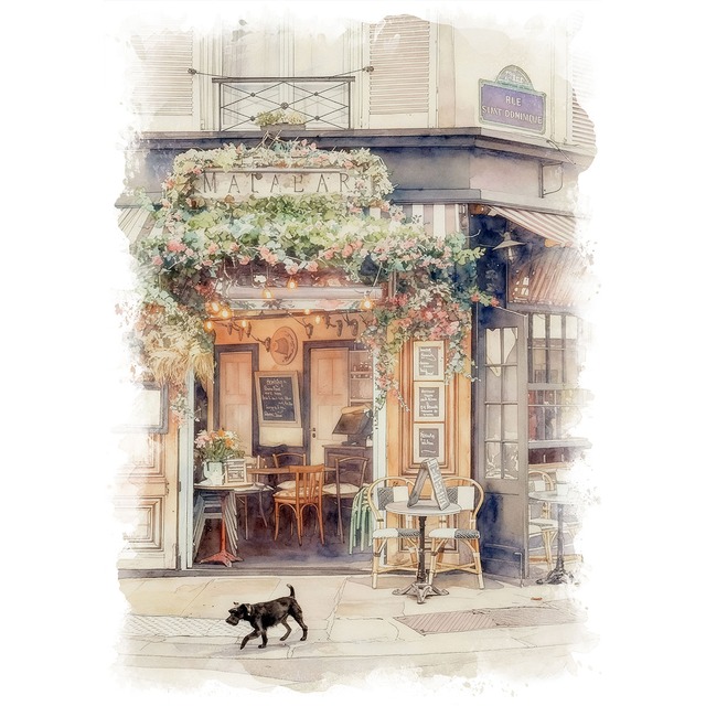 絵画 フランス 風景画(街並み)  パリのレストラン インテリアアート額付き 水彩画・油絵調 WAT0474