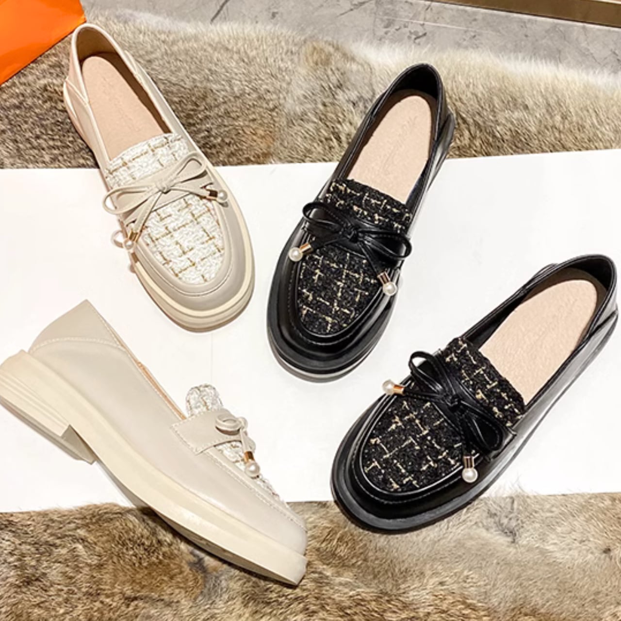 ツイードリボンローファー A0160