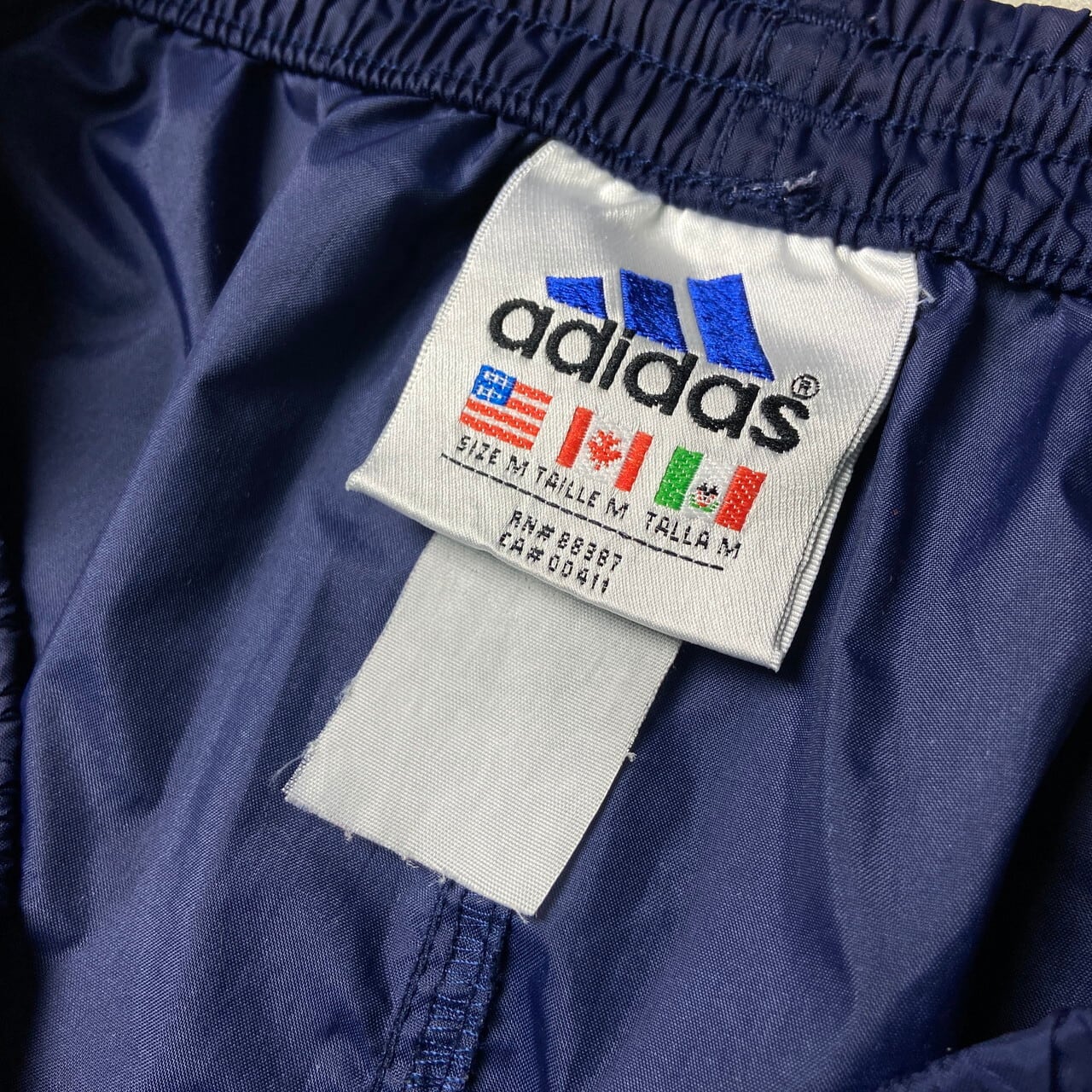 90s adidas ナイロン ワイドトラックパンツ 濃い青刺繍ロゴY2Kテック