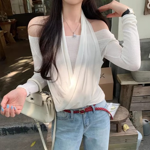 4色／ホルターネックオフショルドレープトップス ・75724