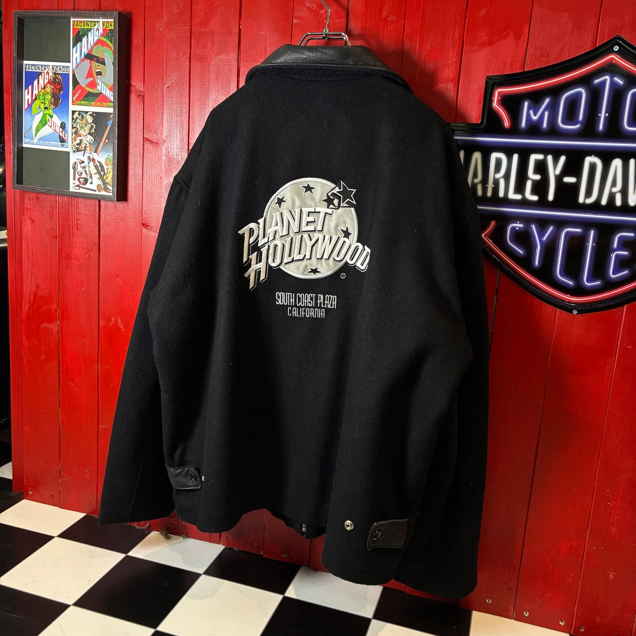 90s USA製 PLANET HOLLYWOOD / ウール×レザー スタジャン / ブラック / SOUTH COAST PLAZA 刺繍