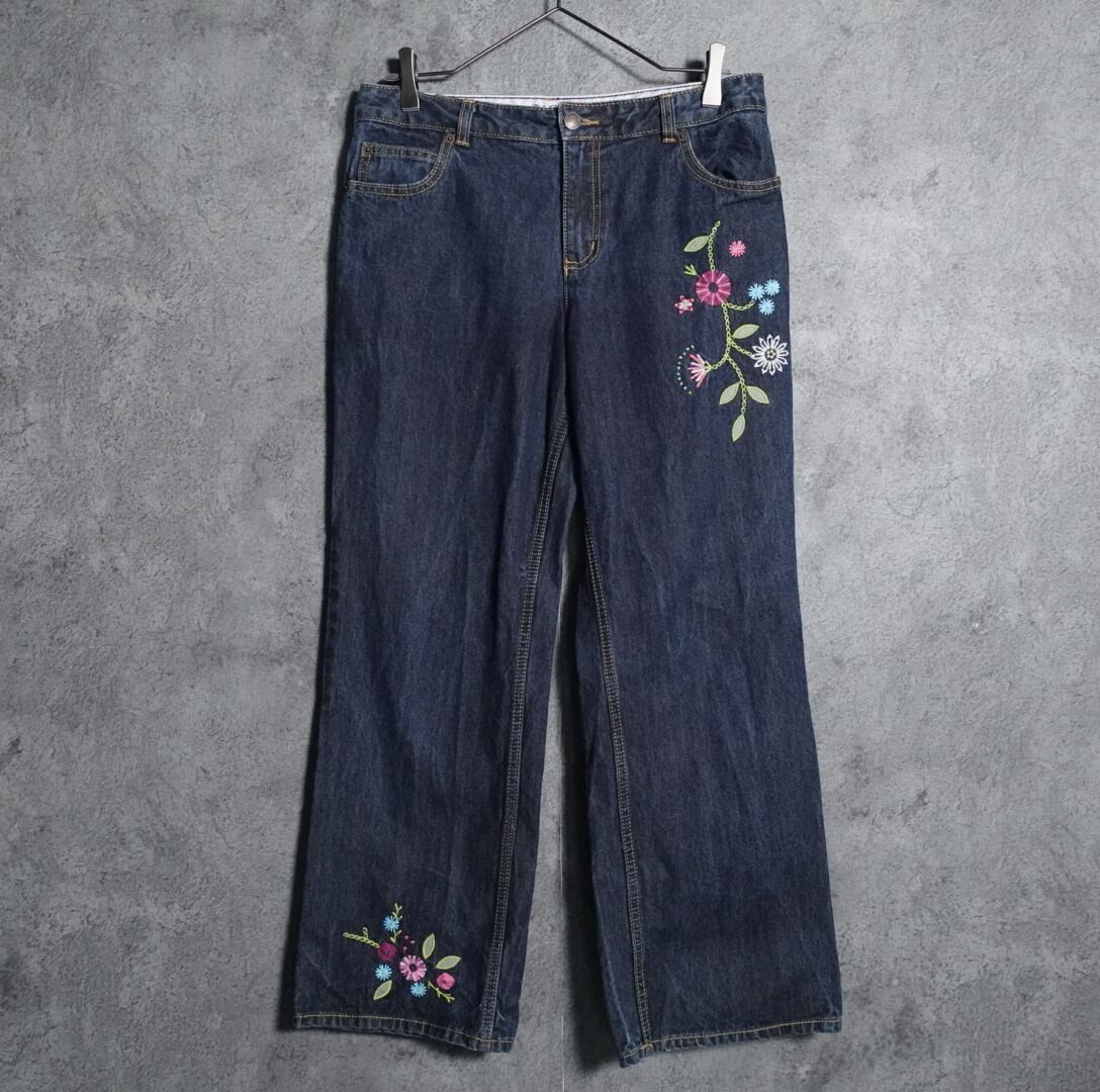 "LANDSEND" floral embroidery denim flared pants
