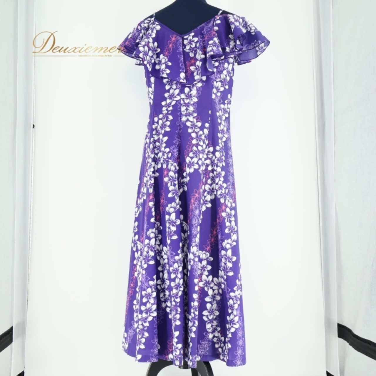 フラダンス 衣装 ワンピース ドレス パープル系 マーメイドライン プルメリア柄 フリル 紫 白 華やか ハワイアン アロハ MermaidLine MMJ エムエムジェイ 日本製 鮮やか かわいい ハワイアンプリント ホワイト系 ピンク系