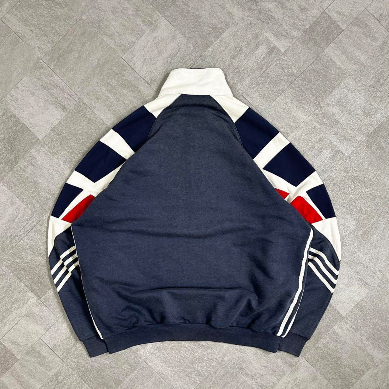 【希少】アディダス ハーフジップスウェット 90s ロゴ刺繍 トリコロール 美品