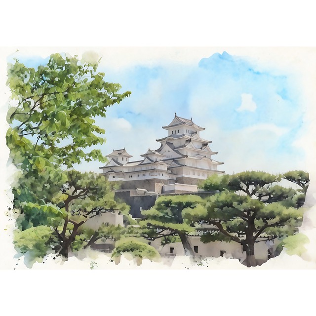 絵画 風景画(街並み) 日本の城 兵庫県 姫路城 インテリアアート額付き 水彩画・油絵風 WAT1560