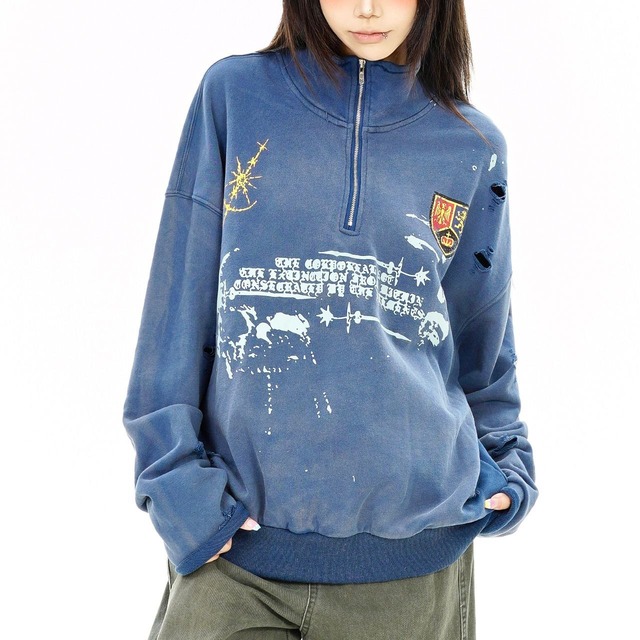 クラッシュエンブレムハーフジップトップス 1col   R02749