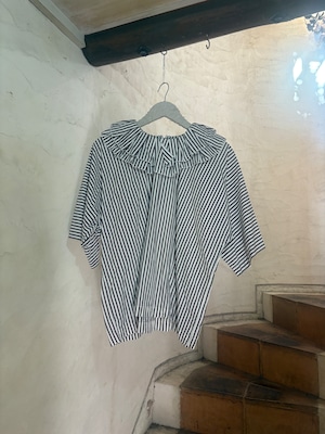VERITECOEUR | TUCK FRILL PULLOVER-brown×ecru stripe