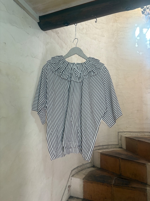VERITECOEUR | TUCK FRILL PULLOVER-brown×ecru stripe