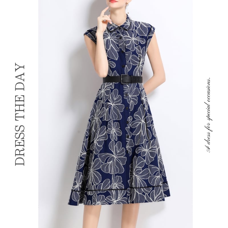 花柄刺繍ノースリーブシャツドレス D0076