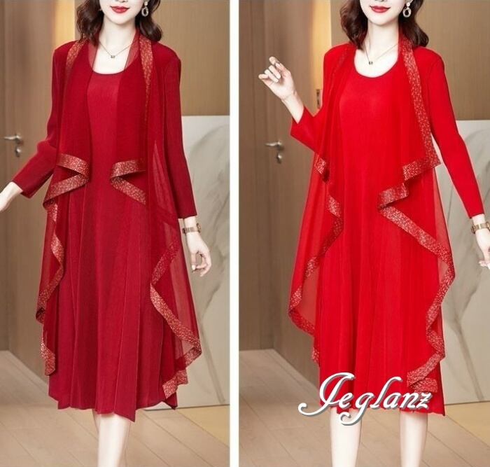 5色 フェイクレイヤード ラッフル フリル ワンピース きれいめ 光沢感 エレ派(M4497)ζ