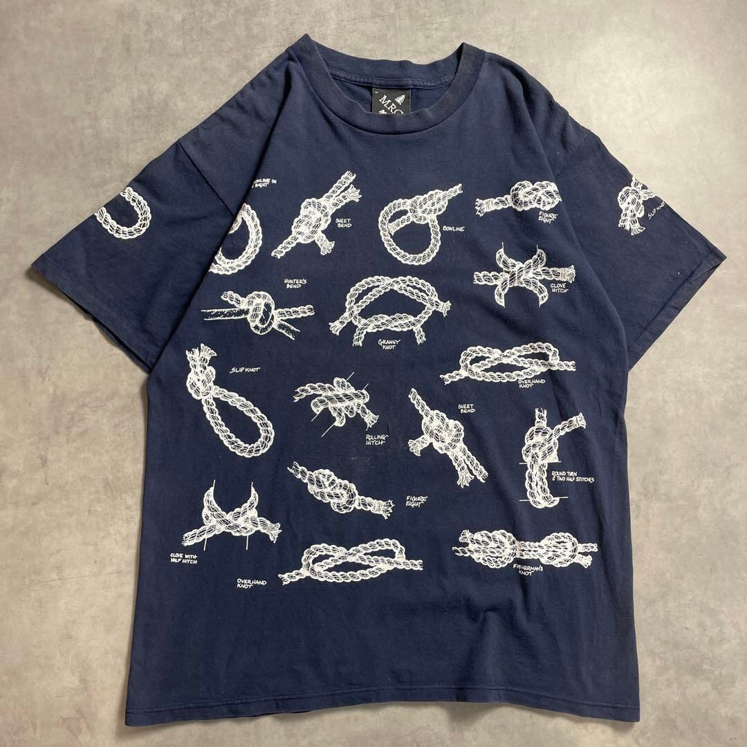 90s USA製 紐 結び方 総柄 vintage T-shirt