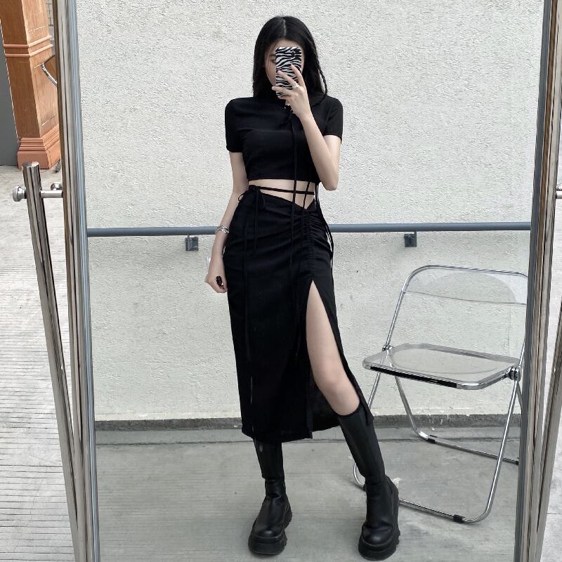 スリムサマーショートTシャツ トップス ハイウェストウェストスカート 夏物 ケッペル71628986240