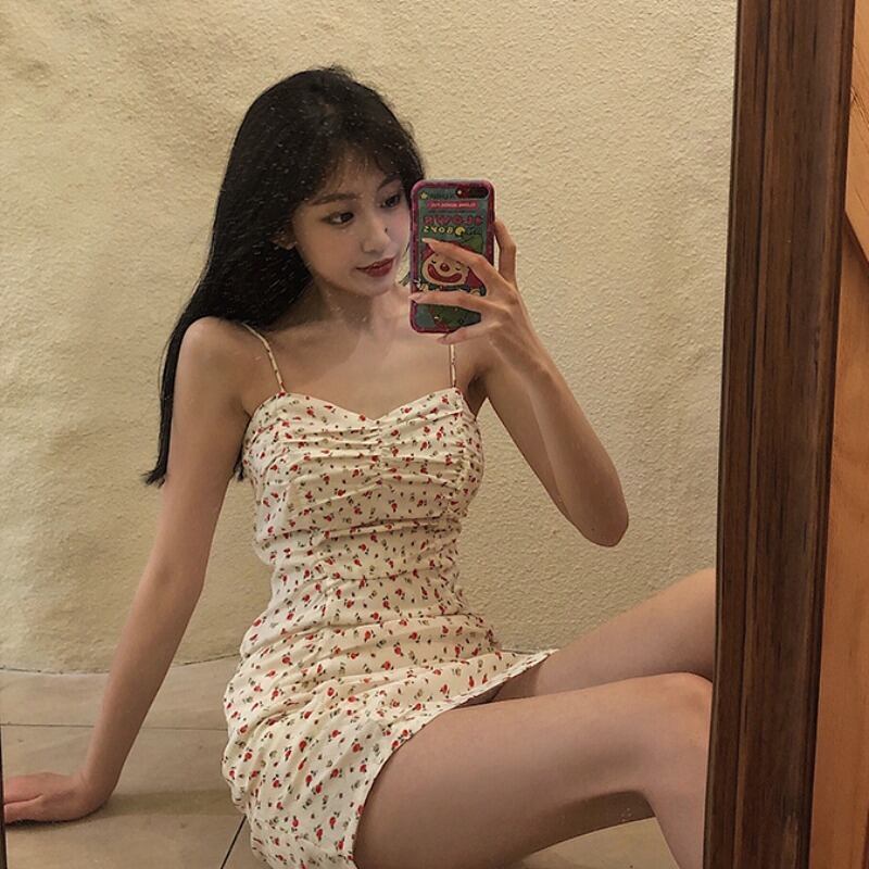 2020年夏の新しいシックなフローラルスリングドレスプリーツスリムスリミングスリングドレスノースリーブスカート YY-ファッション76929954901