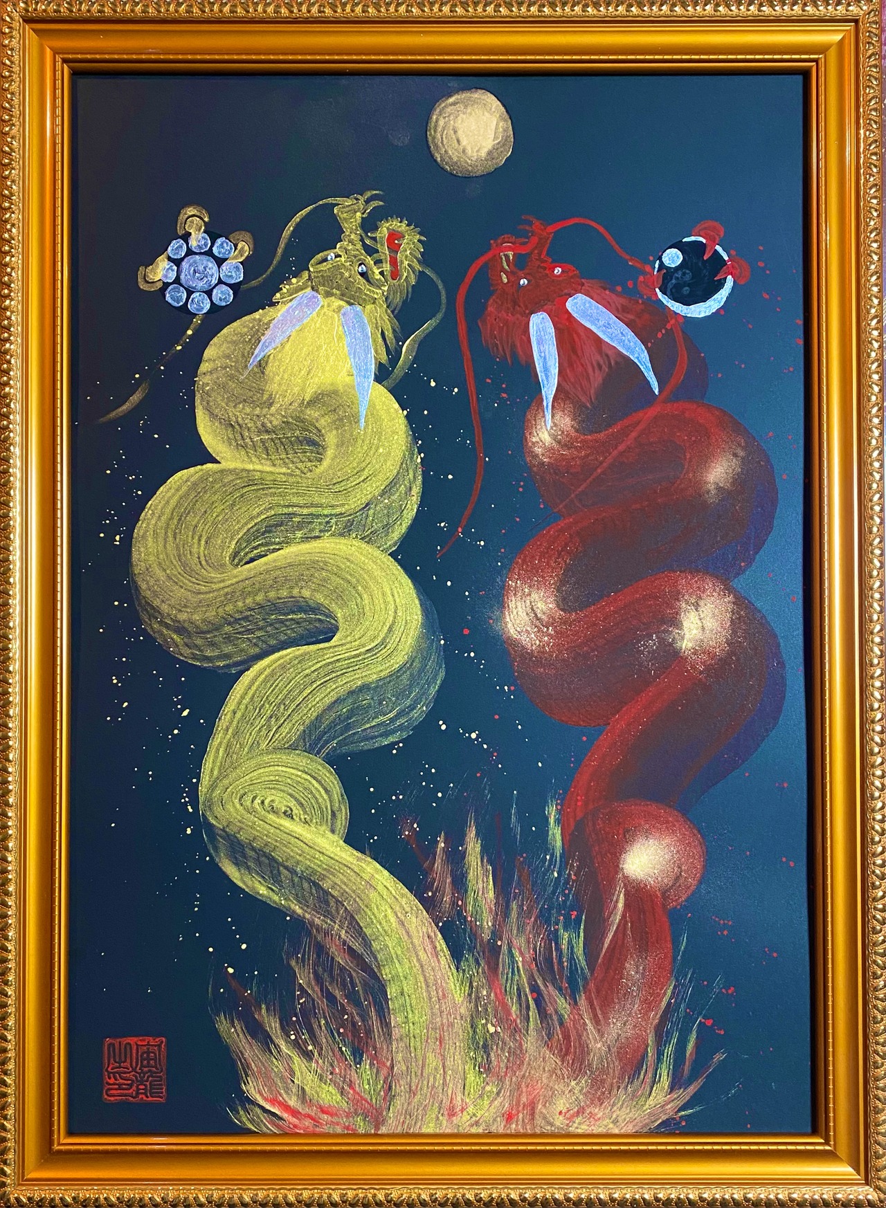 【神社奉納作品】一筆龍『双龍』セミオーダー制作サンプル★龍と天然石を身近に感じるアート・絵画 A3サイズ