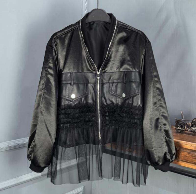 Tulle plus fake leather blouson V2622