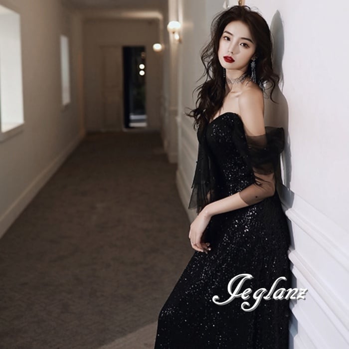 パーティ イブニングドレス オフショル スパンコール 光沢感 3色